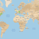Map of the world with pinpoints showing the location of the LPS team, pen pals, and participating classrooms.