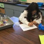 Student sitting next to a tray full of beakers, recording observations on a sheet of paper.